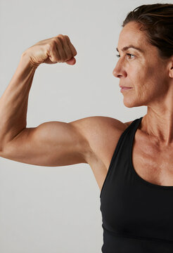 Healthy aging and fitness, mature woman flexing arm muscles to show strength and vitality in active lifestyle for senior wellness and health