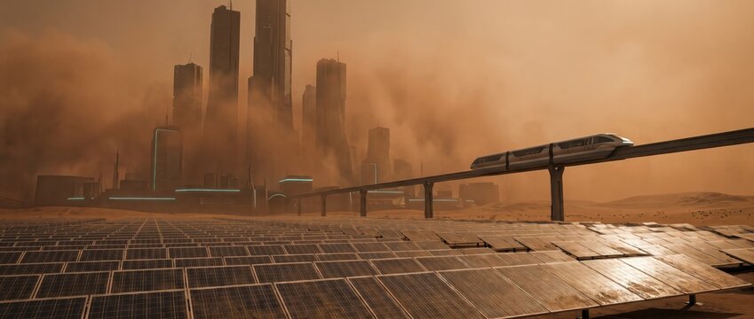 Large solar panel farm and elevated monorail in desert dust storm with city skyline in distance