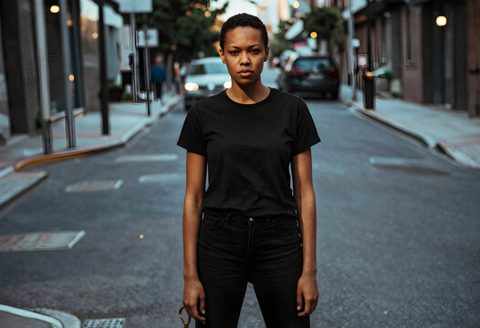 Empowerment and resilience, young woman standing in urban street with serious expression and confident posture for social justice and equality campaign