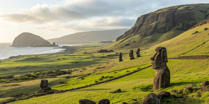 Easter Island Moai surrounded by volcanic landscapes and green hills