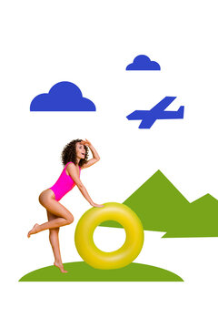 Trend artwork composite 3D photo collage of plane fly cloud agency journey abroad vacation beach young woman stand posing hold float ring