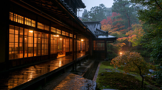 a traditional Japanesestyle building, likely a temple or pavilion, set against a backdrop of a serene forest during autumn. The building features large, rectangular windows with a grid pattern.