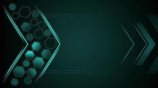 Dark futuristic background with neon hexagons and chevron arrows pointing right animation