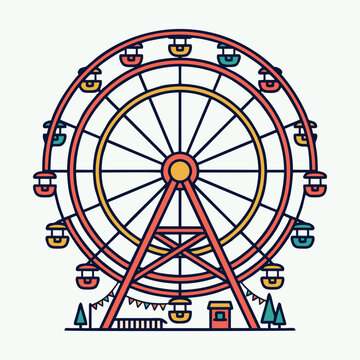 Red and white ferris wheel with gondolas, funfair observation wheel vector illustration