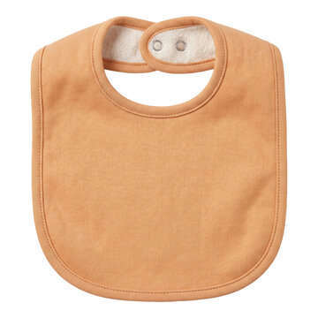 Orange baby bib with snap closure on a transparent background
