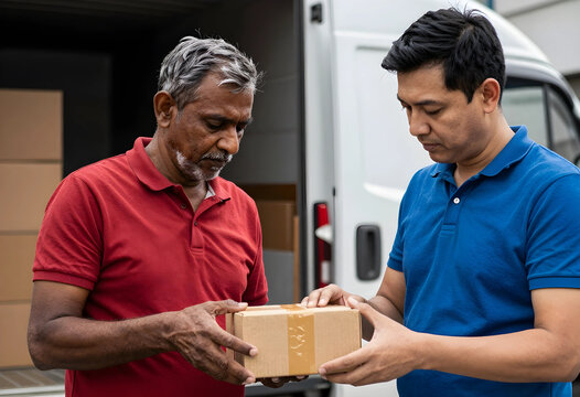 Logistics and delivery service, courier handing a cardboard package to a customer at a van for home shipping and e-commerce supply chain distribution
