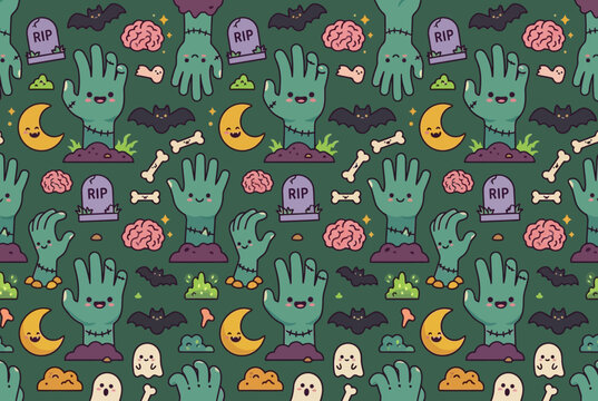 Halloween seamless pattern with zombie hands and tombstones.