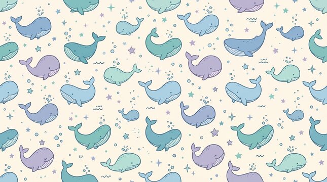 Cute cartoon whales seamless pattern with stars in soft pastel colors