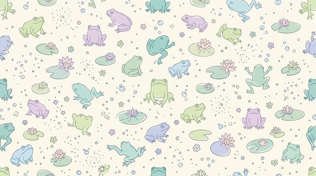 Cute pastel watercolor frog pattern on cream background for textile and stationery design