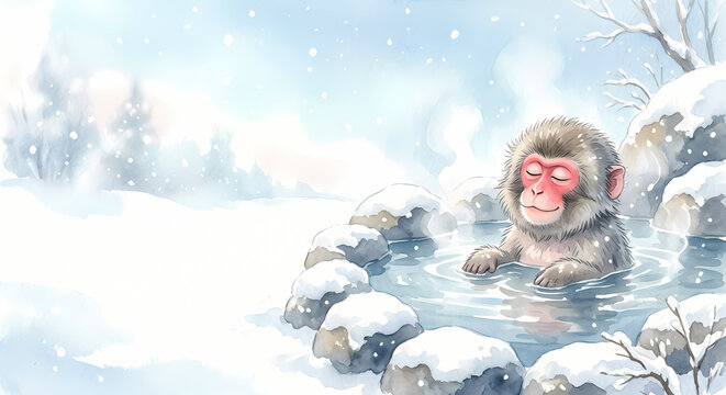 Cute Japanese snow monkey relaxing in a steaming hot spring onsen in snowy winter watercolor illustration
