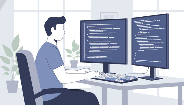 Software programmer writes source code on dual computer monitors in a bright contemporary home office.