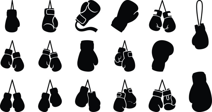 Boxing gloves silhouette vector icon set featuring pairs of hanging and single combat sports gloves isolated on white background