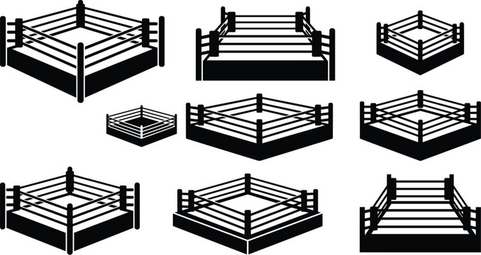 Boxing ring silhouette vector icon set featuring isometric perspective views of combat sports wrestling stages isolated on white background