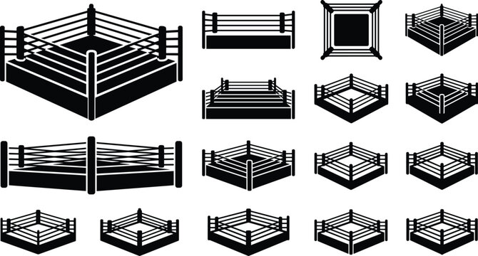 Boxing ring silhouette vector icon set featuring stage ropes for combat sports wrestling and championship fight isolated on white background