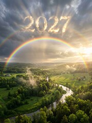 Fototapeta premium New year 2027 concept with rainbow over scenic river landscape at