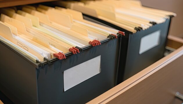 A close-up view of a filing cabinet drawer filled with hanging file folders.
