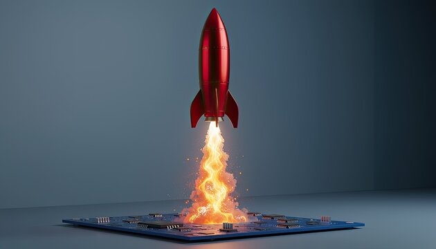 A futuristic red rocket launches from a glowing motherboard.