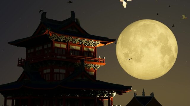 On the Mid-Autumn Festival, the moon rises above the treetops and rooftops