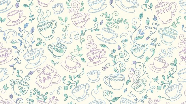 Seamless pattern of hand-drawn teacups and botanical leaves in soft pastel colors