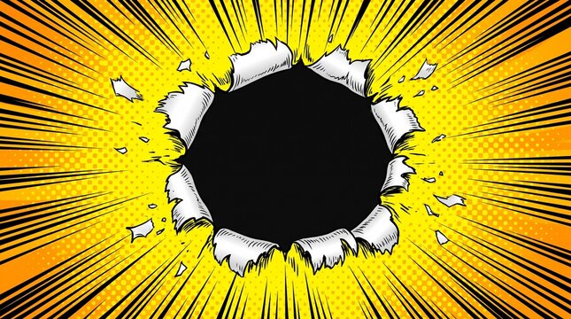Comic book style background with yellow sunburst and torn paper hole