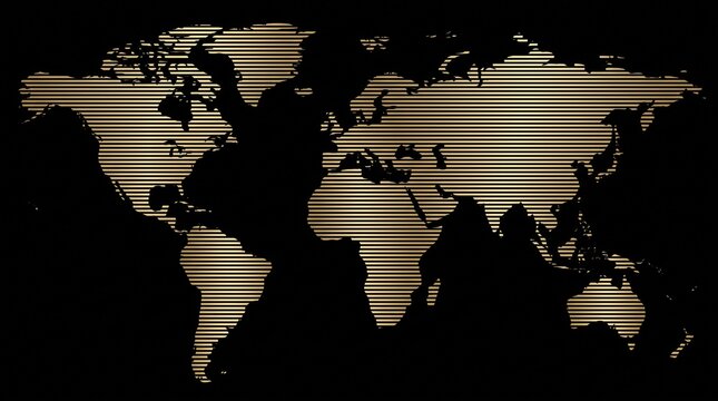 Vintage world map with continents in gold on a black background