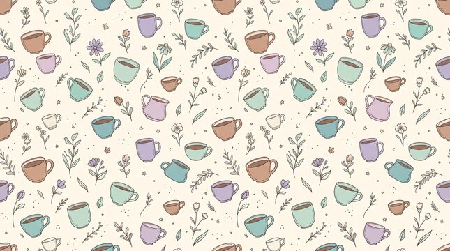 Seamless pattern of pastel teacups and botanical herbs on a cream background