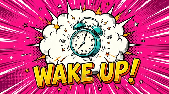 Retro pop art alarm clock ringing with wake up message