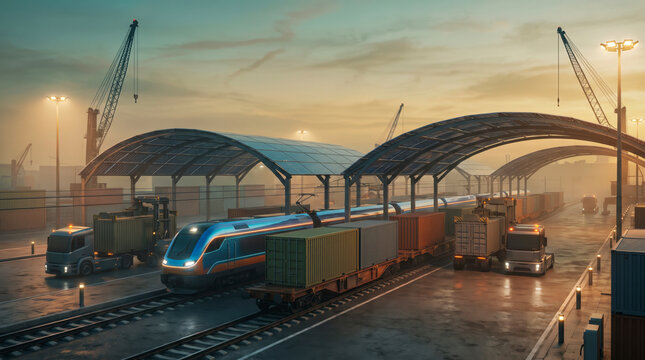 Electric freight train and trucks loading containers at sunset logistics terminal with solar roofs