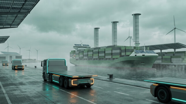 Autonomous electric trucks on misty port quay beside wind assisted cargo ship and solar canopy