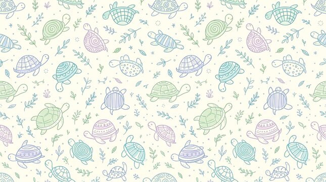 Seamless pattern with cute hand drawn pastel turtles and leaves