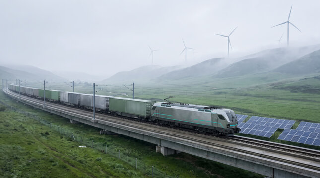 Electric freight train crossing green valley with solar panels and wind turbines in morning mist