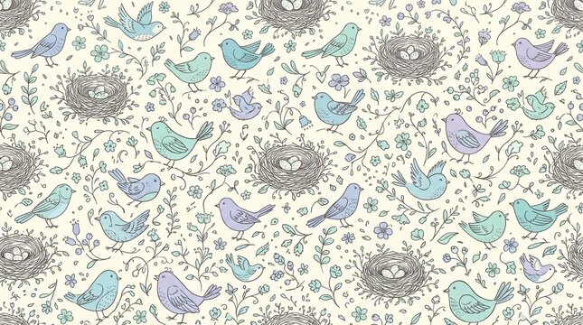 Hand-drawn seamless pattern with pastel birds, nests, and leaves