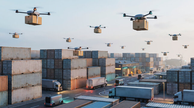Delivery drones carrying parcels above container yard and electric trucks in efficient logistics hub