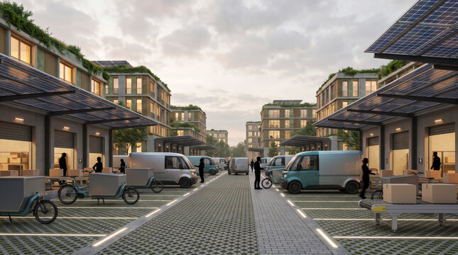 Urban last mile delivery hub with electric vans, cargo bikes and solar canopies in green district