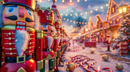Fototapeta premium Fantasy Christmas village with giant nutcracker soldiers, festive holiday background for greeting card and seasonal design