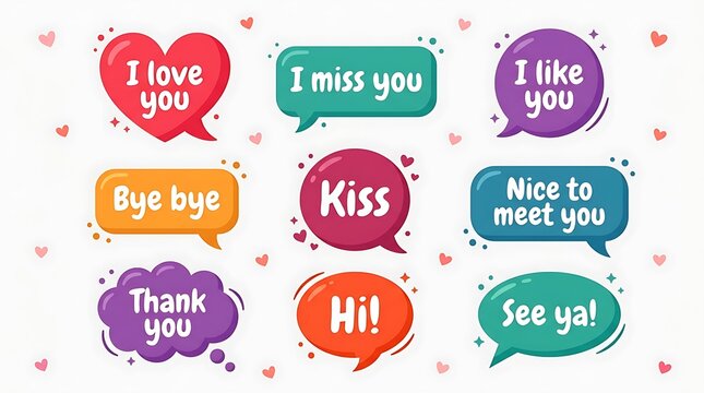 A vibrant collection of colorful speech bubbles and heart shapes displaying sweet romantic and friendly phrases perfect for valentines day and daily