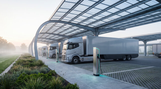 Row of electric trucks charging under solar canopy at green logistics depot in morning mist