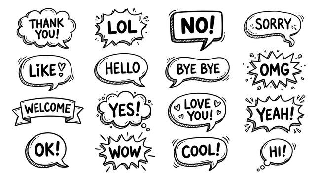 A hand drawn collection of speech bubbles featuring frequently used phrases and expressions in a charming and playful black and white aesthetic
