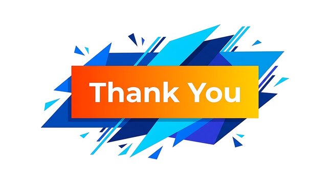 A vibrant colorful abstract background features a bright orange rectangular banner with the words thank you presented in clear white lettering