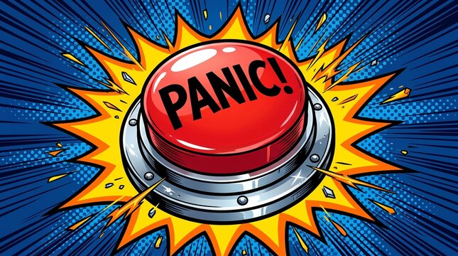 Red panic button with comic book explosion background