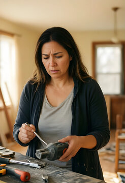 Home renovation stress and diy project frustration, woman struggling with home repair and maintenance work in a messy house during a construction