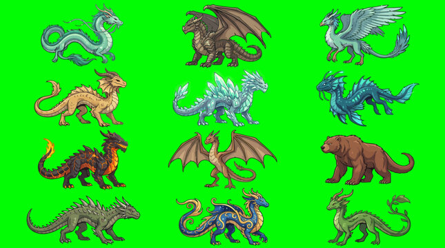 Fantasy dragon design collection featuring diverse mythical creatures in vibrant pixel art style