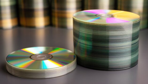 A stack of CDs and a smaller pile of CDs are shown on a gray surface with blurred stacks of CDs in the background.
