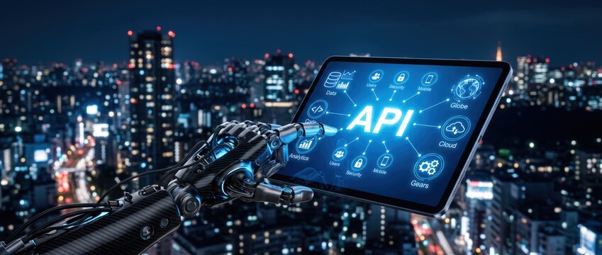 robotic hand holding tablet displaying API technology