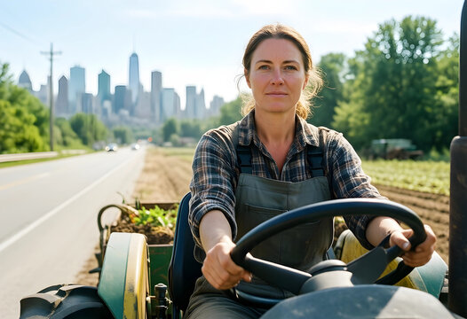 Sustainable agriculture and urban farming, female farmer driving a tractor near a city skyline for local food production and food security initiatives