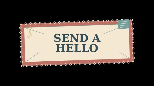 Retro Style Animated Postcard Stamp Graphic with Send a Hello Greeting Message on Black Background