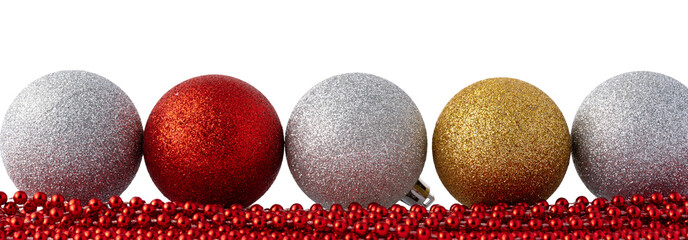Fototapeta premium Colorful Christmas ornaments and beads on a white background ready for holiday decoration