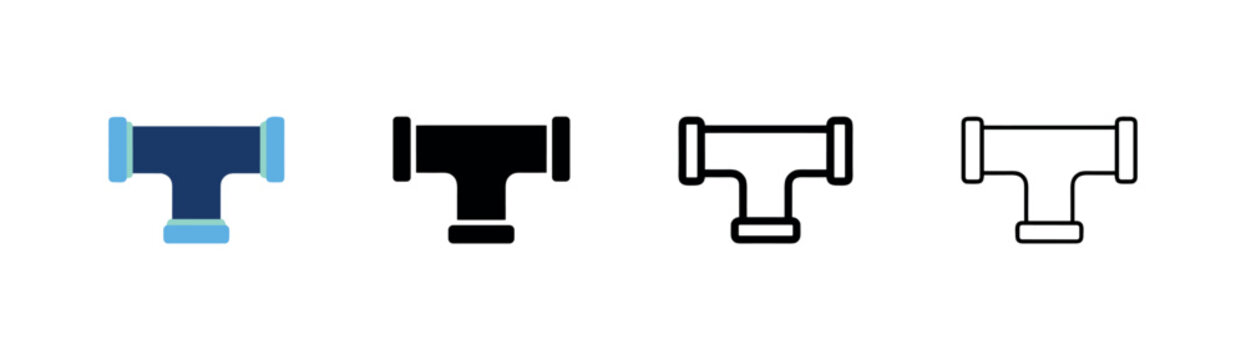 T-Joint Pipe Icon Set - Plumbing and Industrial Connection Symbols in Flat, Glyph, Outline, and Thin Line