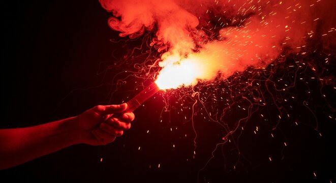 Hand holding a lit red flare with smoke and sparks on black background
