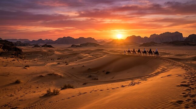 Golden sunset over vast desert dunes and mountains.